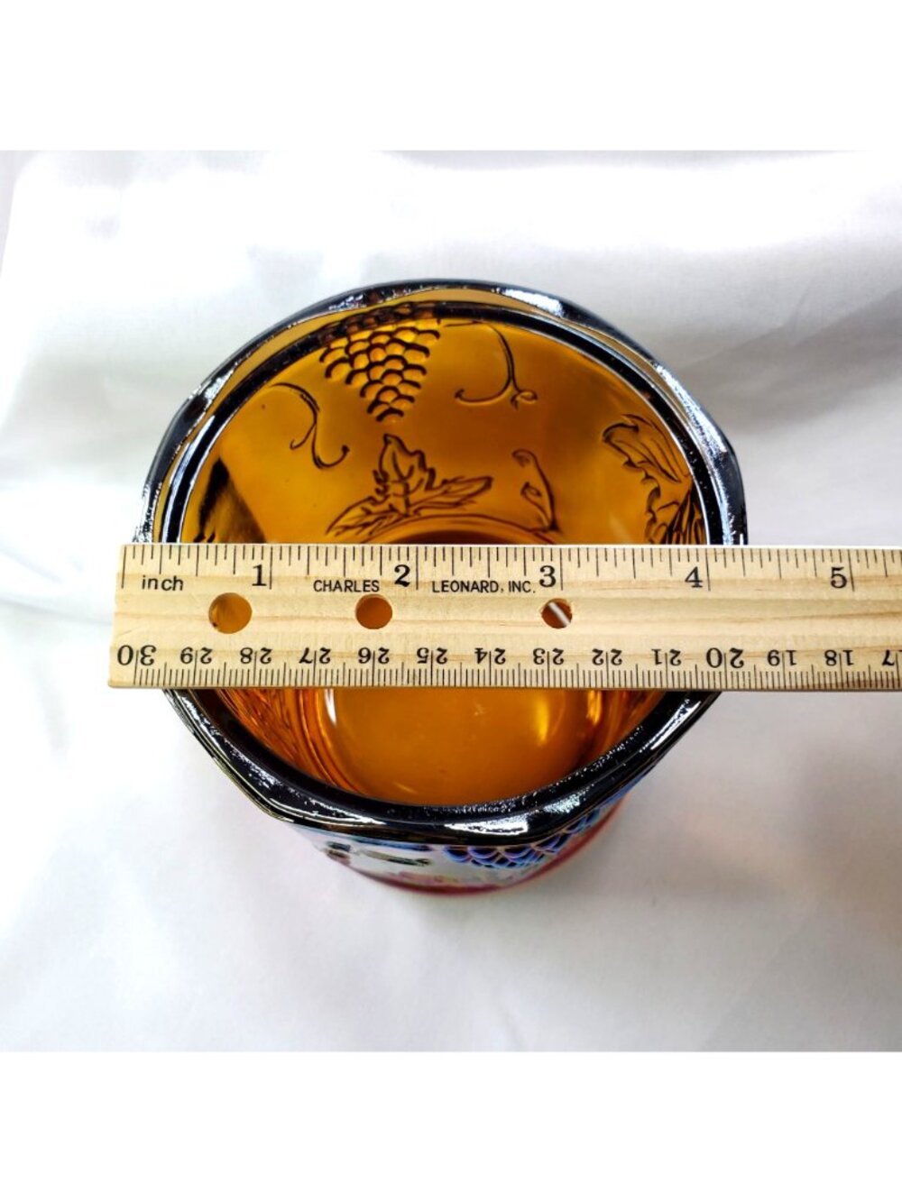 VTG Marigold Carnival Glass Canister Jar & Lid 7" Harvest Grape Indiana Glass - Picture 3 of 16